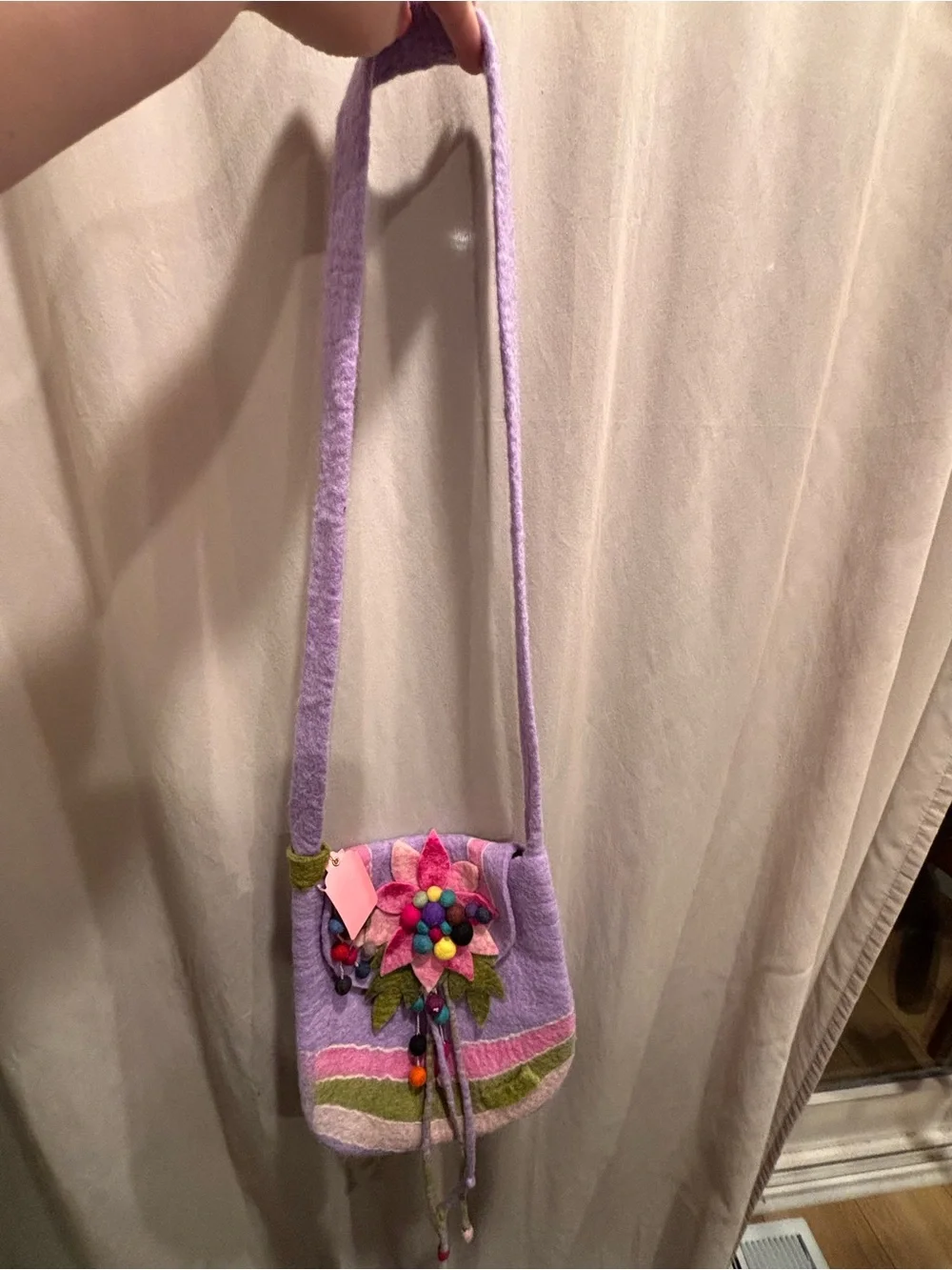 Handcrafted Lavender Felt Crossbody Bag with Pink Flower Motif